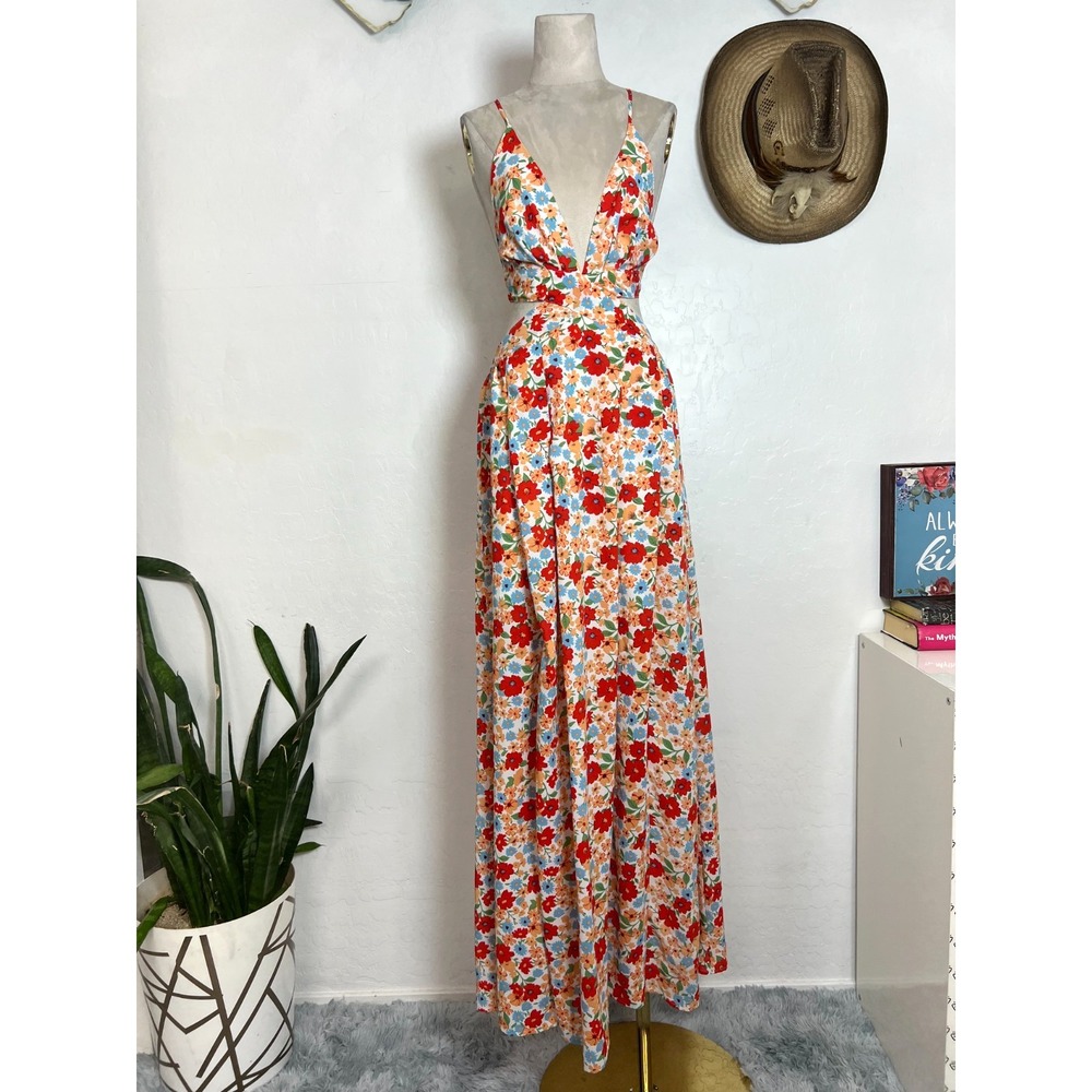 FIESTA Floral Cutout Maxi Dress Size S Plunging Lace Up Back Thigh Slit Boho